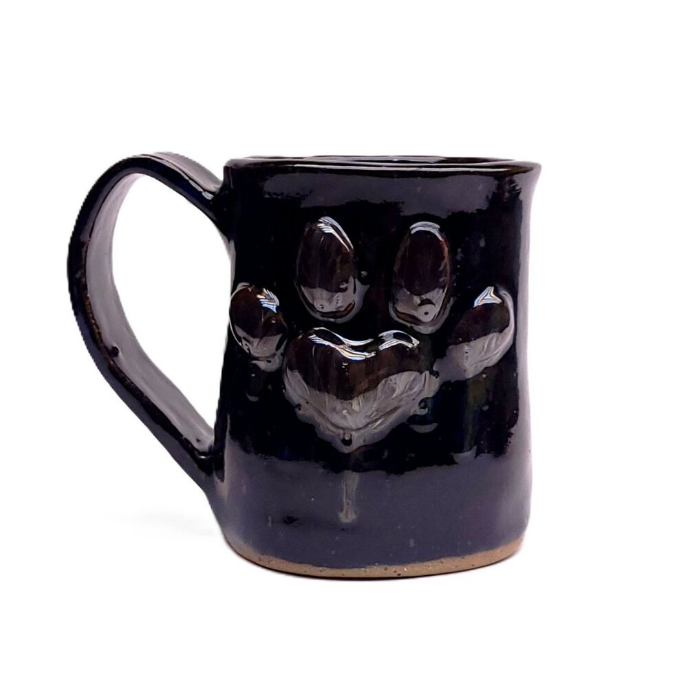 Hand-Thrown Artisan Pottery Black Mug With 3-D Heart & Paw Print Signed Joan G.